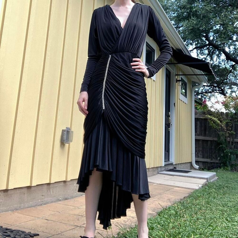 1960s VTG Women's Vamp Black Ruched Midi Mermaid Tail Evening Gown | Made in USA